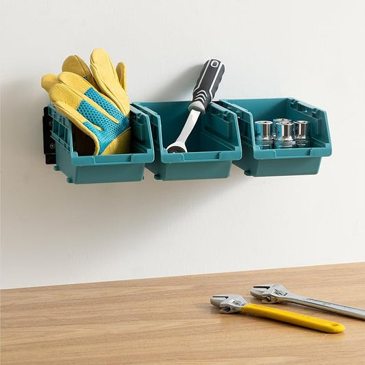 Navaris Storage Bins - Interlocking Plastic Van Boxes - Wall Mounted Compartments for Screws Nails Small Tool Parts - Workshop, Garage, Drawer Shed Bolt Organizer - 3 Bins & 1 Rail
