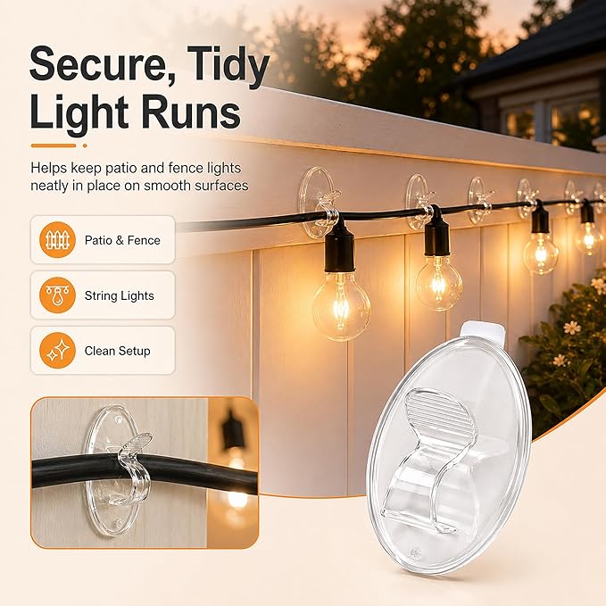 Hooks Lights Clips Outdoor String - 3X Stronger Adhesion 40Pcs Clear Heavy Duty Hangers Waterproof Adhesive - Sticky Removable 0 Residue No Drill Indoor Garage - for Patio Fence Gutters Wall Christmas