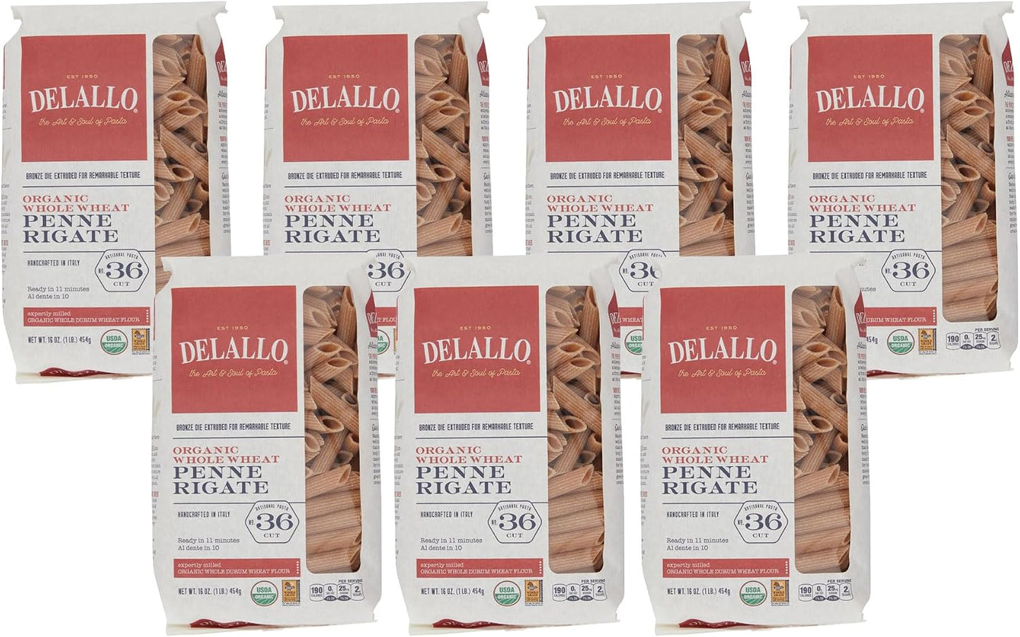 DeLallo Whole Wheat Penne Pasta, 1 Pound Bag, (7 Pack), 100% Certified Organic, Made in Italy, Whole Grain, Bronze Cut, Made with Only Durum Wheat Semolina Flour, Kosher, Vegan