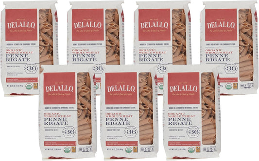 DeLallo Whole Wheat Penne Pasta, 1 Pound Bag, (7 Pack), 100% Certified Organic, Made in Italy, Whole Grain, Bronze Cut, Made with Only Durum Wheat Semolina Flour, Kosher, Vegan