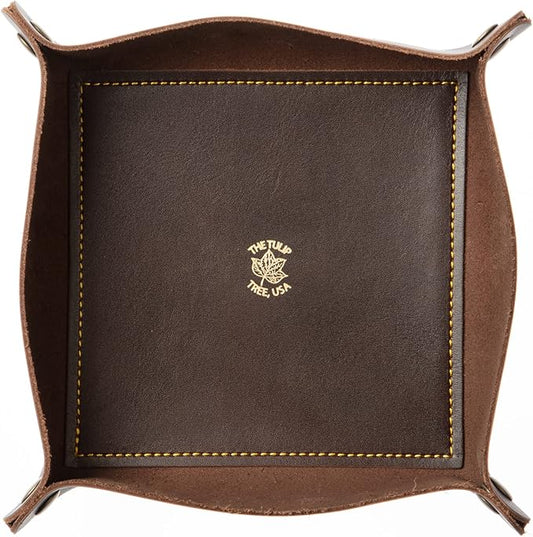 USA Handmade Premium Leather Valet Tray, Folds Flat! Dice Rolling Basket and Organizer with Brass Snaps (Brown Gold, Large)