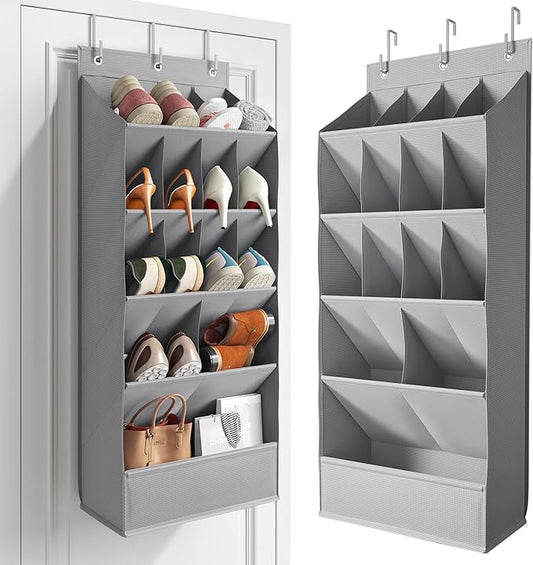 Over the Door Shoe Rack with Large Deep Pockets, Door Shoes Organizer for Closet, Hanging Boots Shoe Rack, Behind the Door Narrow Shoe Holder, Multiple Pockets for Flexible Storage, Grey ï»¿
