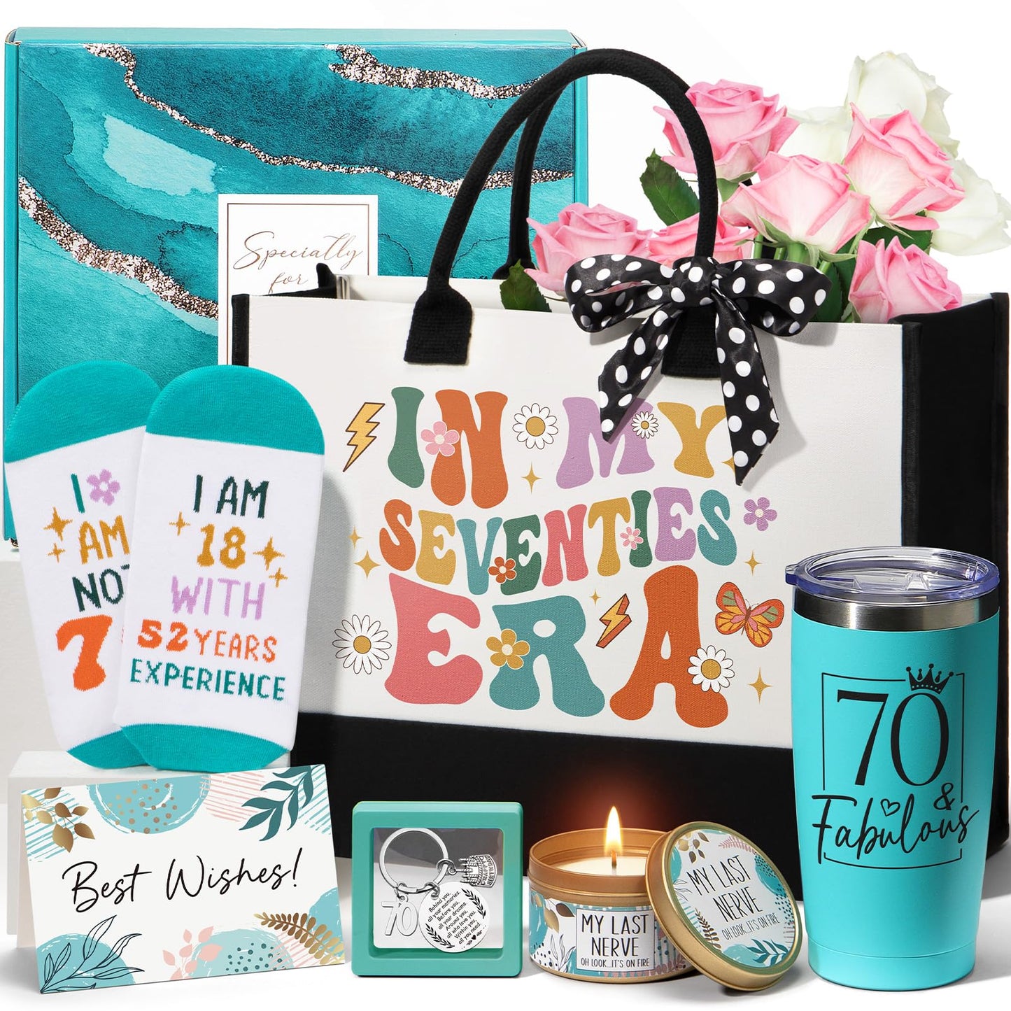 70th Birthday Gifts for Women, Unique 1955 Birthday Gifts for 70 Year Old Women Birthday Gifts Basket, Fabulous 70th Happy Birthday Gift Idea for Mom Lady Sister Friend Wife Grandma w/Canvas Tote Bag