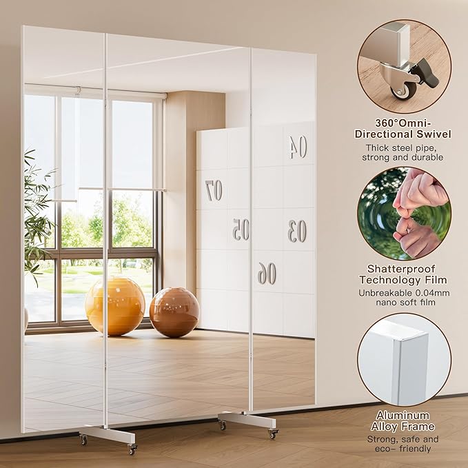 brisafe 67"x55" Folding Mirror with Wheels, 3-Panel Full Length Wall Mirror, Space-Saving Design, Shatterproof Nano Material, Portable Floor Mirror for Gym, Dance Studio, Home, Commercial Use, Black