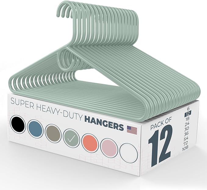 Neaties Super Heavy Duty Clothes Hangers 12 Pack â Made in The USA - 10lb Capacity, Thick Plastic Hangers for Pants, Coats, Jackets, Jeans and Adult Clothing â Mint