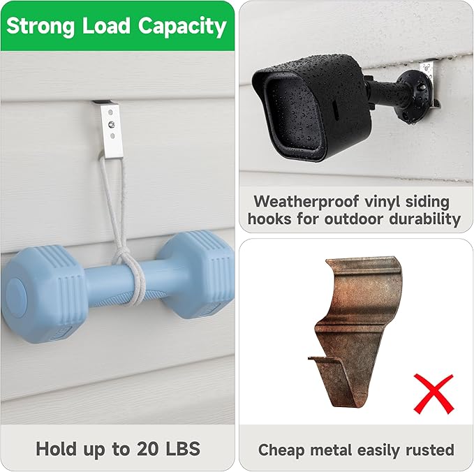 Cozcty Siding Hooks, 20 Pack Upgrade Outdoor Hooks with Screw Hold Up to 20lbs, Easy Install Soffit Hanger, No Hole Stainless Steel Vinyl Siding Clips for Hanging Solar Lights, Home Decor, Wreaths