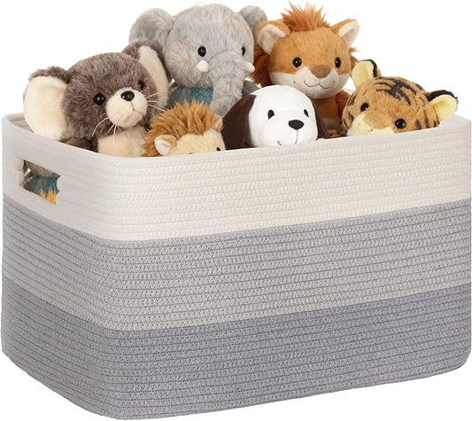 72L Large Laundry Basket with Leather Handles for Living Room Storage, Woven Rope Baskets Bin for Blanket, Kids Toy, Gifts, Wicker Hamper for Bedroom Dirty Clothes, 22"x17"x12" Gradient Grey