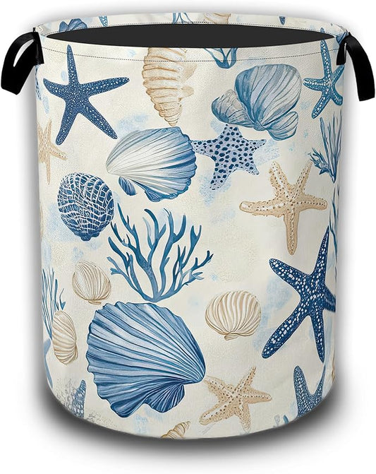 Coastal Beach Laundry Basket,Shell Starfish Coral Laundry Hamper Waterproof Oxford Cloth Tote Collapsible,Clothes Storage Bucket Decorative Toy Organizer For Bathroom Bedroom 16" x 20.8"