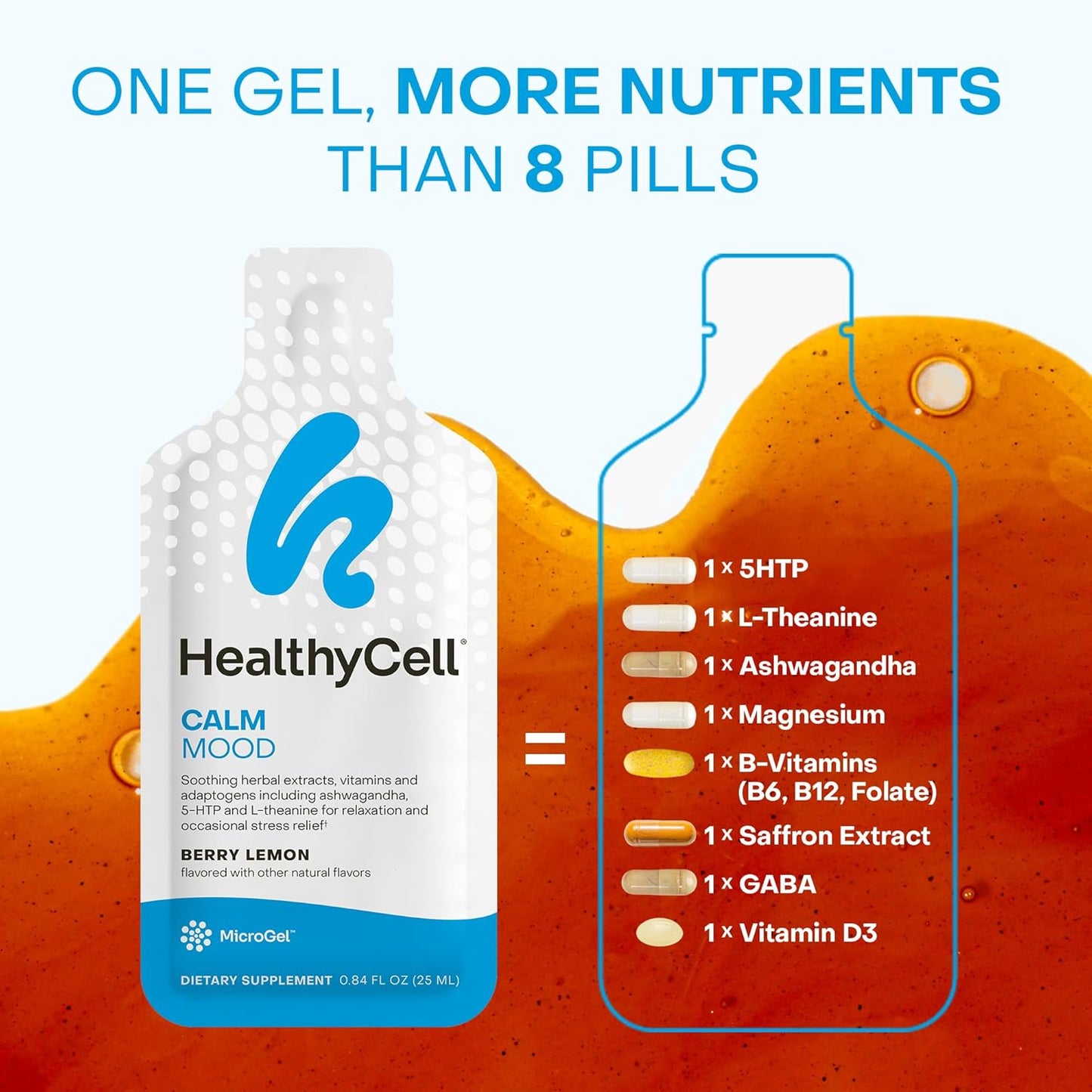 Healthycell Calm Mood Daily Liquid Supplement - Cortisol Manager & Mood Support Supplement for Stress with Ashwagandha, L-Theanine, Magnesium, 5-HTP, GABA & Saffron - 14 Gel Packs
