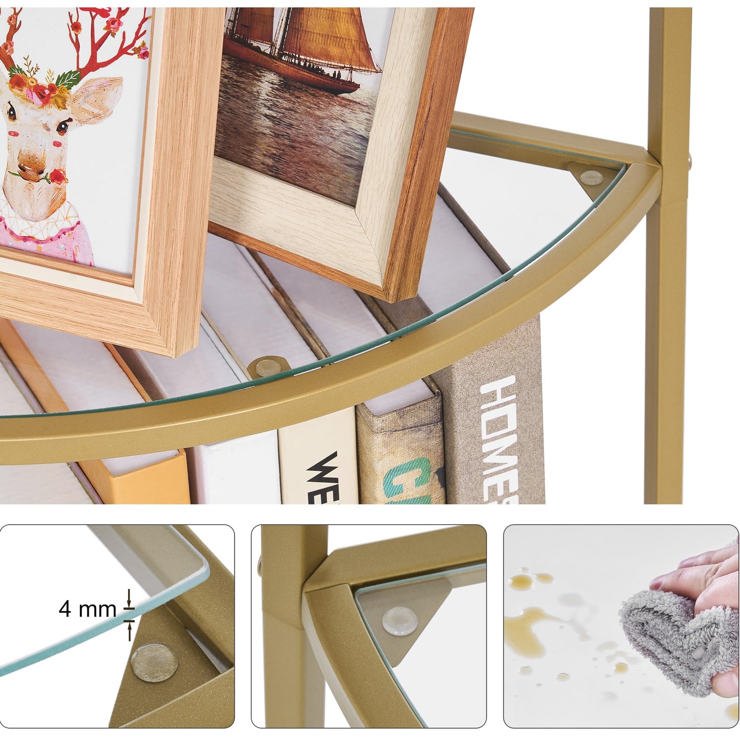 Homhedy 5-Tier Corner Shelf Stand, Metal Corner Bookshelf, Tempered Glass Shelves, Bathroom Storage Rack Shelf, Plant Stand, Modern Style, Golden