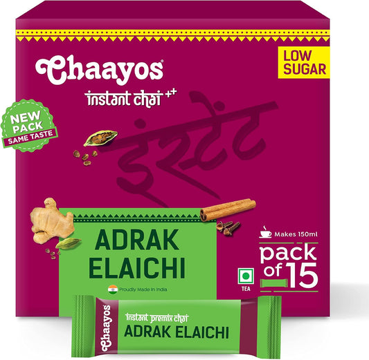 Chaayos - Instant Tea Premix - Low Sugar - Adrak Elaichi (15 Sachets)