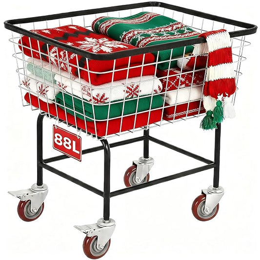 Wire Laundry Cart wtih Wheels, 2.5 Bushel Rolling Laundry Basket, Commercial Basket Carts for Laundry Room, Hotel, Home, Apartment Use, Durable Steel Frame with Galvanized Finish, 5" Casters