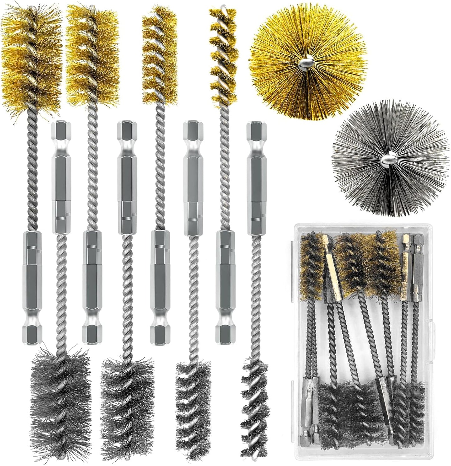 8 Pcs Bore Brush Set - 304 Stainless Steel & Brass Drill Wire Bore Cleaning Brushes with 1/4" Hex Shank for Power Drills Ports Tubes Bearings Cleaning Parts, 3/8'' 1/2'' 3/4'' 7/8''