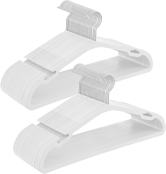 SONGMICS Clothes Hangers 50 Pack, Heavy-Duty Plastic Hangers, Coat Hangers with Wide Shoulder Notches, Pant Bar, 360Â° Swivel Hook, Space-Saving, 16.4 Inches, for Closet, Cloud White UCRP060W01