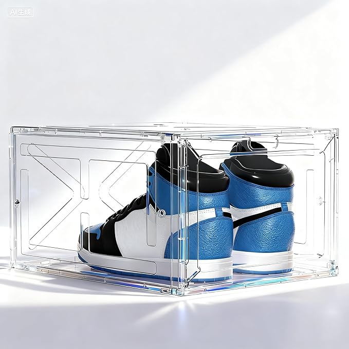1 Pack Large Clear Shoe Box for Menâs Size 13 Sneakers, Stackable Drop-Front with Magnetic Door, BPA-Free Plastic Display Organizer, 13.5â x 10.55â x 7.5â â Transparent