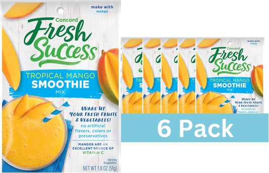 Concord Foods Tropical Mango Smoothie Mix - Fruit Flavor with No Artificial Flavors, Colors, or Preservatives - Ideal for Fresh Fruit Smoothies - 1.8 oz Pouch for Healthy Smoothies (Pack of 6)