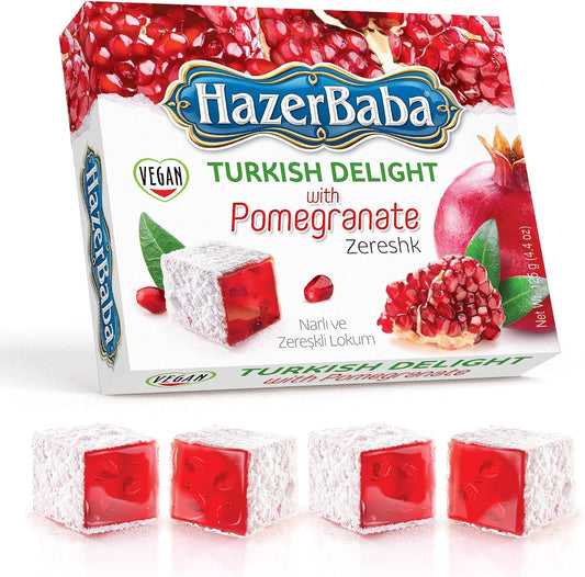 Hazer Baba Turkish Delight Candy, Pomegranate & Zereshk Flavored, 4.4oz (Pack of 1), Gourmet Snack Box, Traditional, Vegan Snack, Turkish Lokum, Sweets, Loukumi, Delicias Turcas, Halal, Kosher