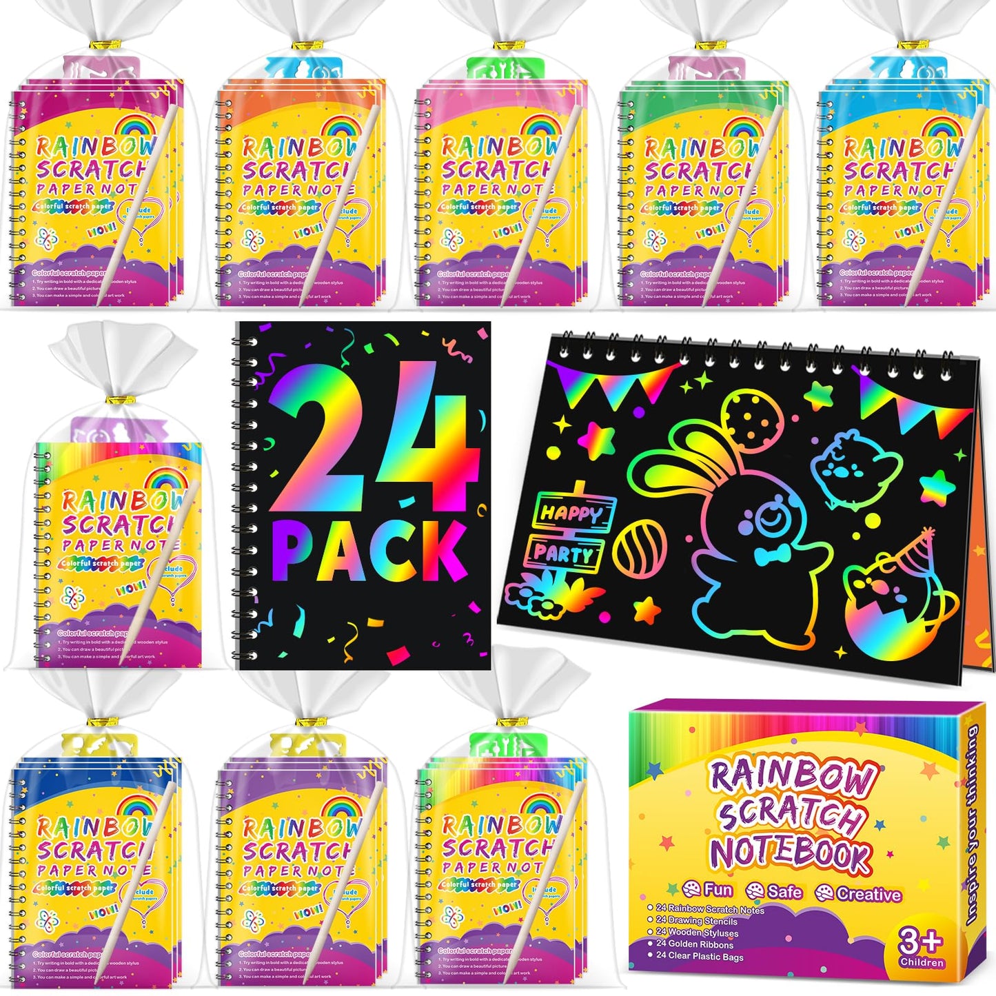 Party Favors for Kids 4-8-12: 24 Pack Scratch Rainbow Art Crafts Notebook, Coloring Book Goodie Bags Stuffers Kit, Bulk Birthday Gift Classroom Prizes Girl Boy Toddler