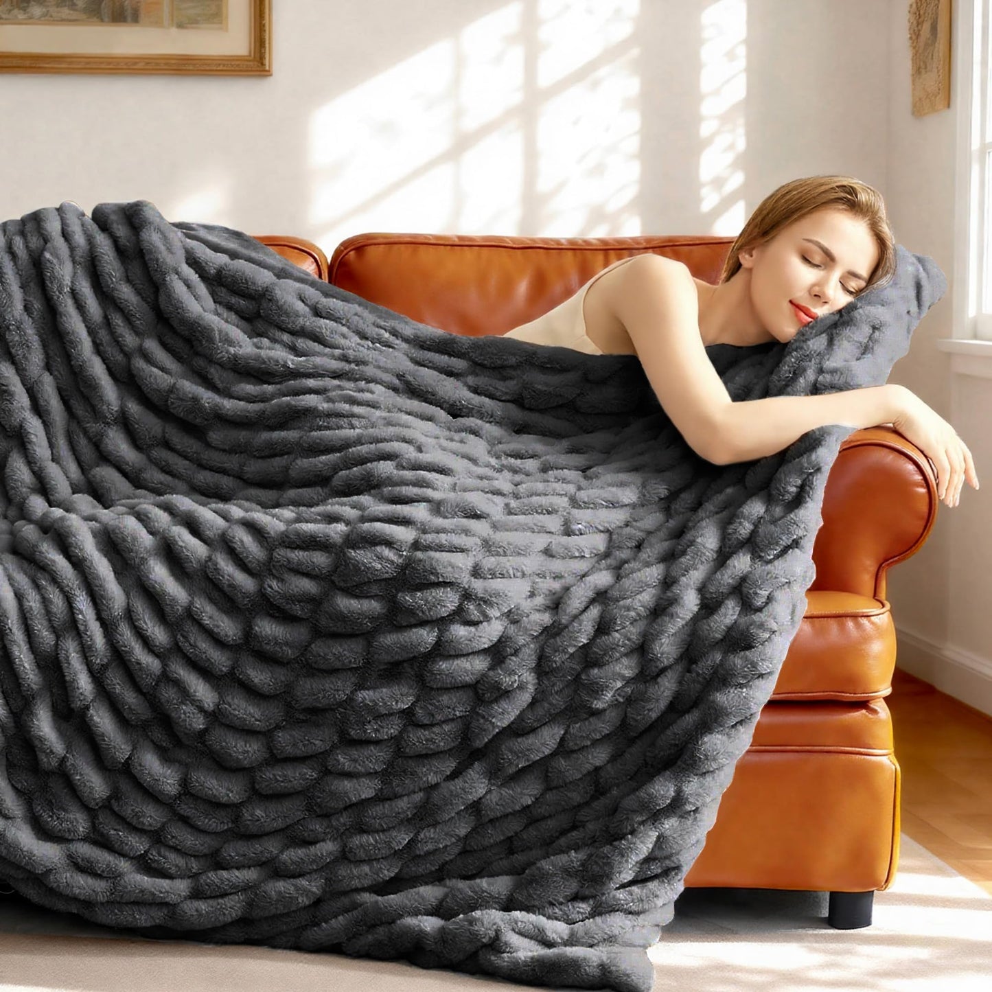Tejoe Ultra-Soft Faux Rabbit Fur Throw Blanket 50"x60",Cozy Fuzzy & Plush Throw for Couch & Bed, Super Heavy Warm Fluffy Thick Blanket for Sofa Bedroom Living Room Home Decor - Dark Grey