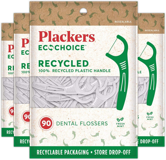 Plackers EcoChoice Fresh Mint Recycled Dental Flossers, Easy Grip Handle, Built in Toothpick, Made with 100% Recycled Food Grade Plastic, 360 Count (Pack of 4)