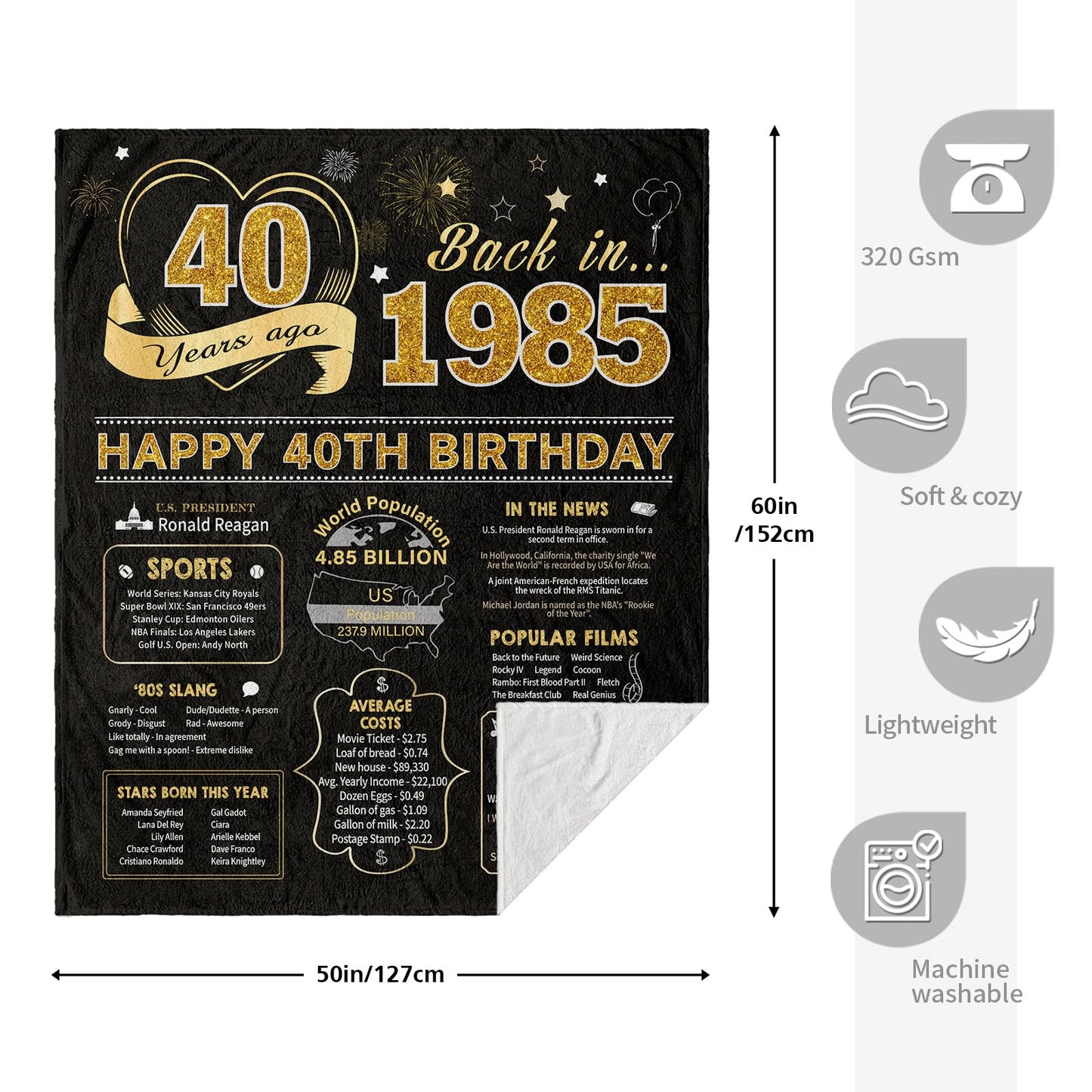 40th Birthday Gifts Women Men, 40 Year Old Birthday Gifts for Women Men, 40th Bday Gift Ideas Throw Blanket 60 x 50 Inch, 1985 Bday Gift for Woman Man, 40 Yr Old/Forty Presents for Female Male