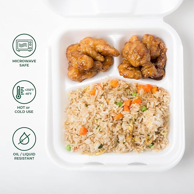 Freshware Compostable Clamshell Food Containers [8x8] 3-Compartment, Disposable - Paper Food Containers - Microwave & Freezer Safe, Stackable (Pack of 200)