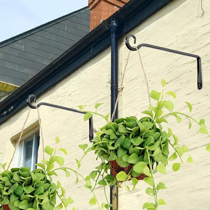 MOWPOG Metal Hanging Plant Hooks, 2 Pack 10 Inch Wall Hooks for Hanging Plants, Bird Feeder, Flower Basket, Wind Chimes, Indoor Outdoor (Black)