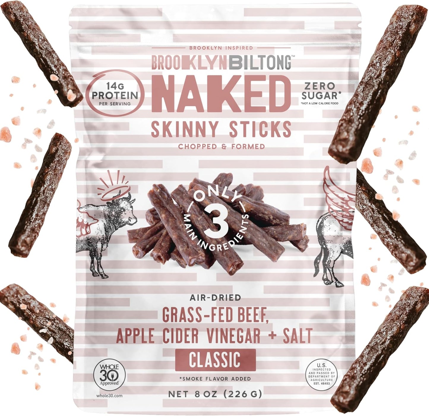 Brooklyn Biltong Naked Skinny Sticks (Naked 8 oz, Pack of 1) - Grass-Fed Biltong Beef Jerky Meat Stick - 14g High Protein Snacks - Premium Air Dried, Paleo, Keto, Gluten Free, Sugar Free - Made in USA