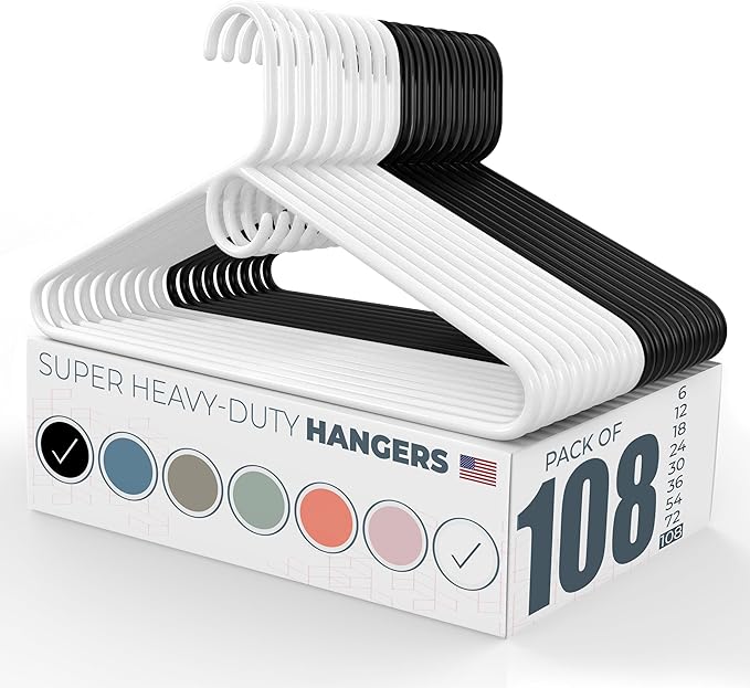 Neaties Super Heavy Duty Clothes Hangers 100 Pack (108 Count) â Made in The USA - 10lb Capacity, Thick Plastic Hangers for Pants, Coats, Jackets, Jeans and Adult Clothing â White & Black