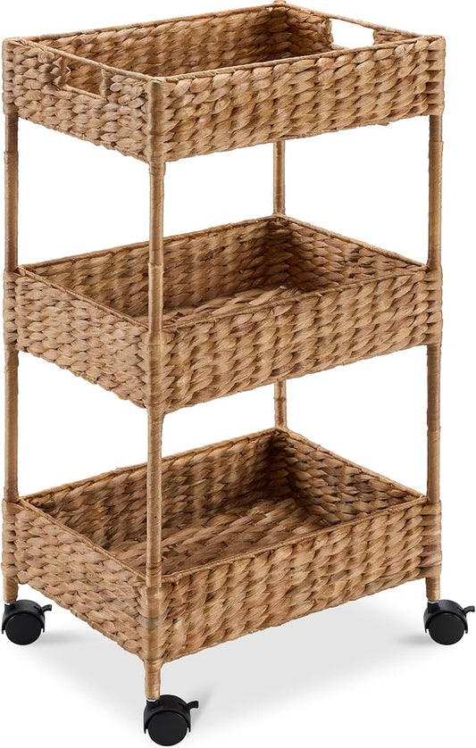 Best Choice Products 3-Tier Water Hyacinth Rolling Nursery Caddy w/Wheels, Utility Cart, Storage Organization for Bathroom, Craft Room, Laundry Roomâ Chestnut