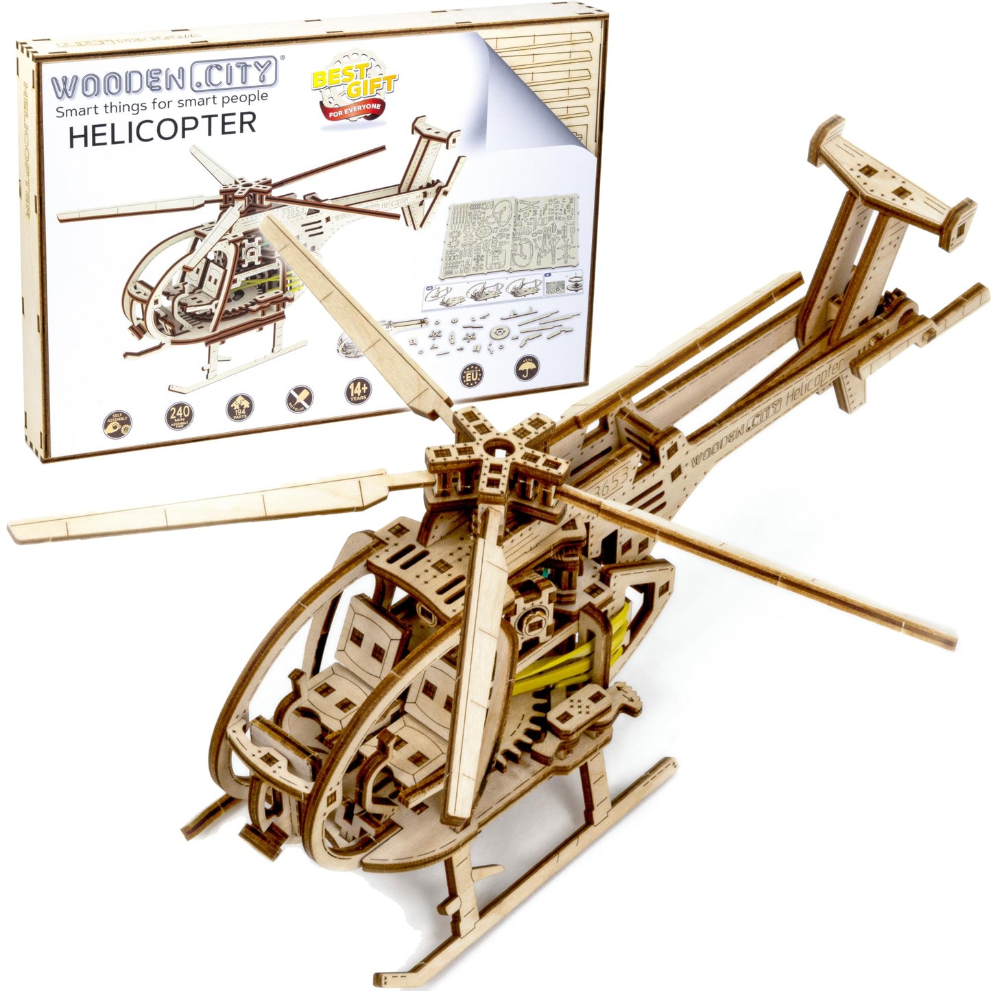 WOODEN.CITY Helicopter 3D Wooden Puzzle – Wooden Model Kit for Adults, 173-Piece Mechanical Helicopter with Working Rotor, DIY Aircraft Model, Made in EU