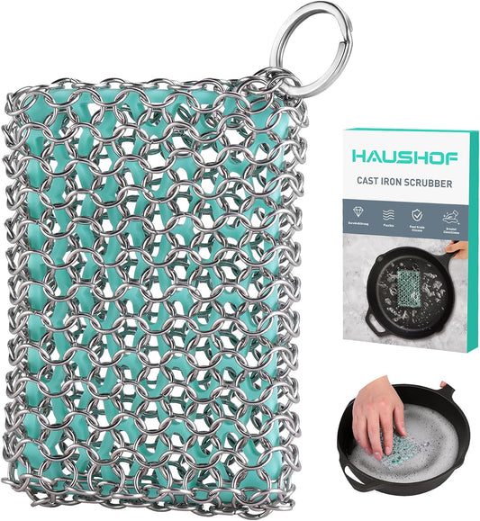 HAUSHOF Cast Iron Scrubber, Chainmail Scrubber with Silicone Core, Premium Cast Iron Cleaner for Skillet, Pan, Dutch Oven