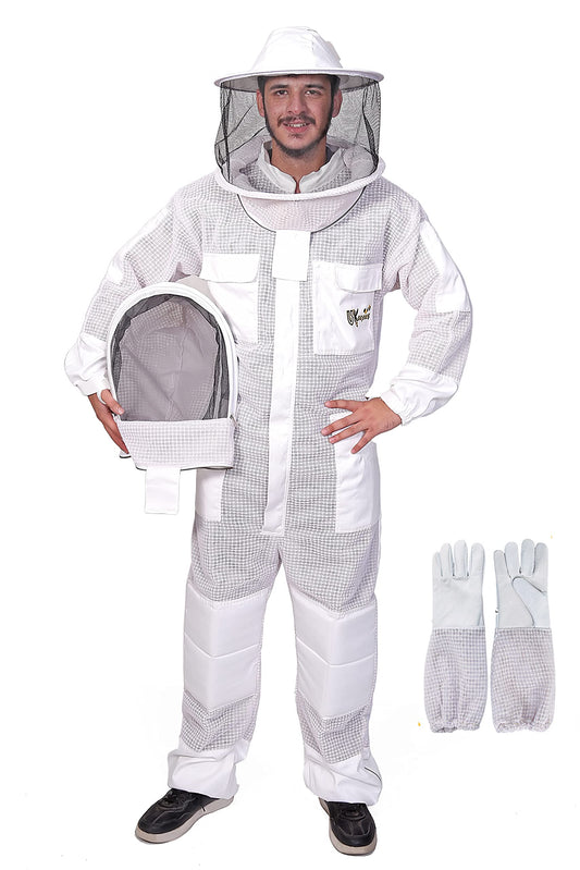 USKEEPERS 3-Layer Ultra Ventilated Bee Suit for Men & Women â Premium Beekeeping Suit with Bee Gloves & Two Detachable Beekeeping Veils (White 2XL)
