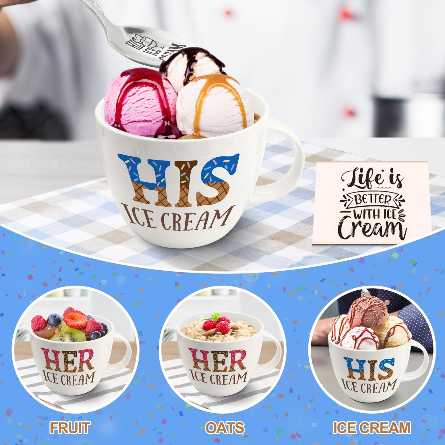 Anniversary Couple Gifts Ice Cream Bowls and Spoon Scoop Set, His And Hers Gifts, Wedding Engagement Gift for His Her, His Her Ice Cream Accessories Bowl Gift on Mothers Day, Christmas