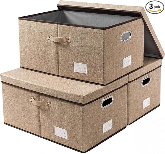 PRANDOM Storage Bins with Lids [3-Pack] Jute Fabric Foldable Storage Boxes Organizer Containers Baskets Cube with Cover for Home Bedroom Closet Office Nursery khakiï¼23.4X15.9X11.5