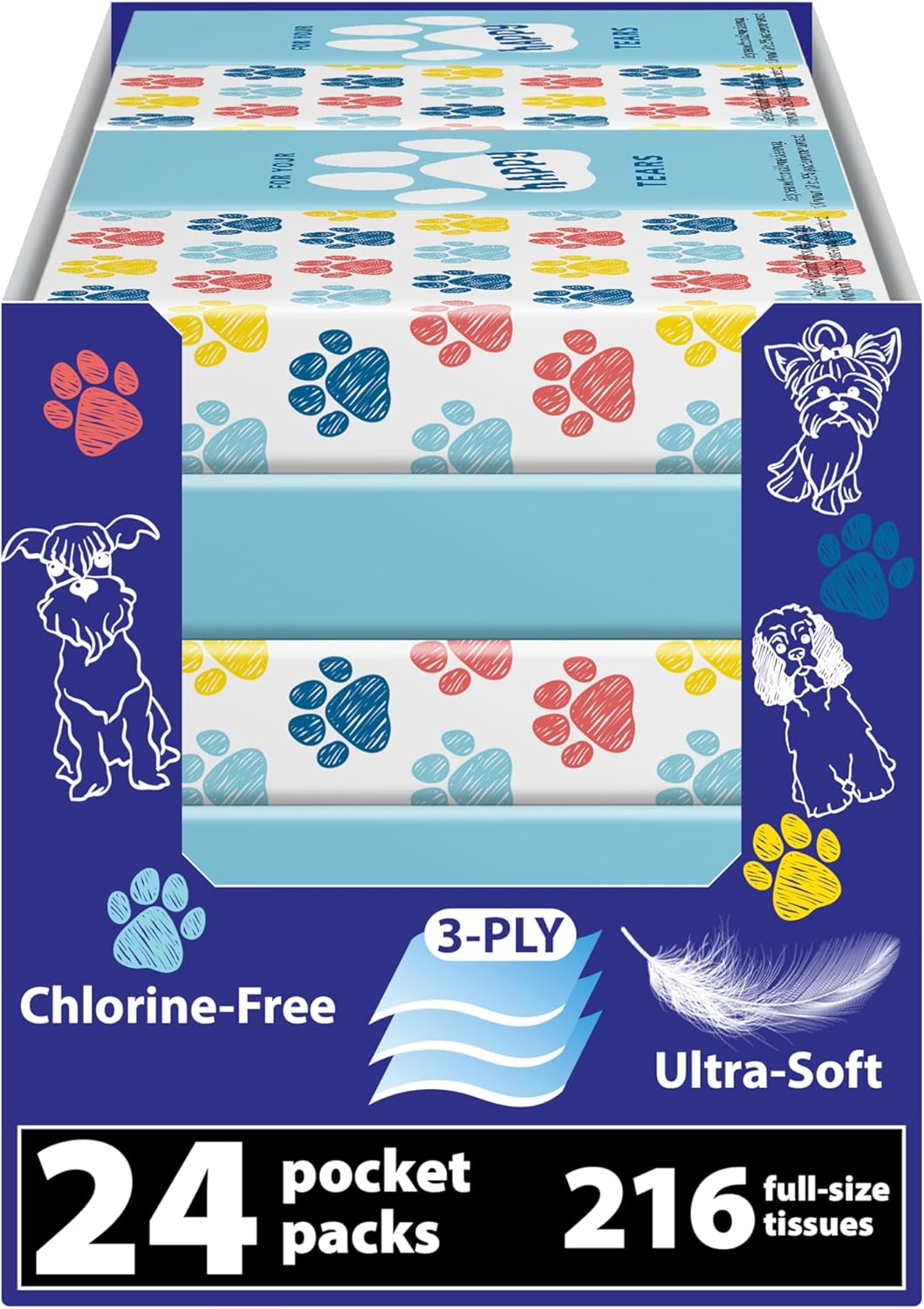 Travel Tissue Packs – 24 Compact 3-Ply Packs (216 Total), Soft Chlorine-Free Facial Tissues for Purse, Car, or School, Gentle & Durable, Non-Bleach, Playful Dog Design