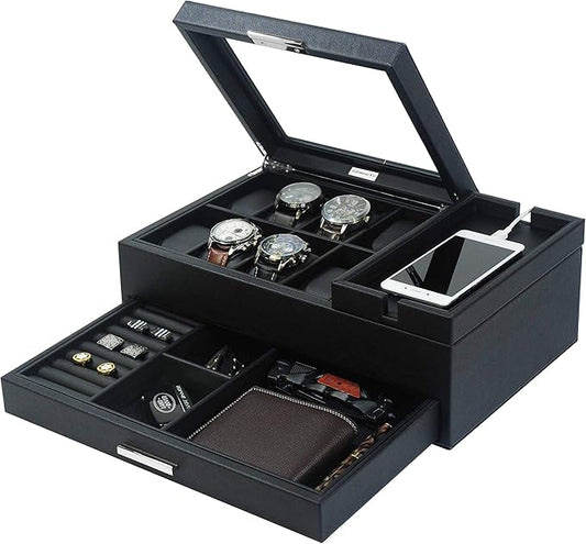 Mens Jewelry Box Valet Tray with Drawer and Charging Station Organizer,Nightstand Organizer for Men Jewelry Tray,Catchall Tray for Men Accessories