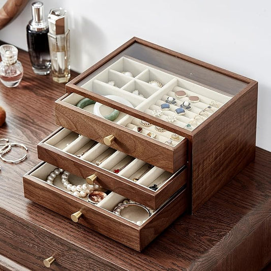 Black Walnut Wooden Jewelry Box Women large 3 Layer Drawer Organizer Box with Glass Lid for Necklaces, Watch, Necklace, Ring, Earring Storage - Christmas Gifts