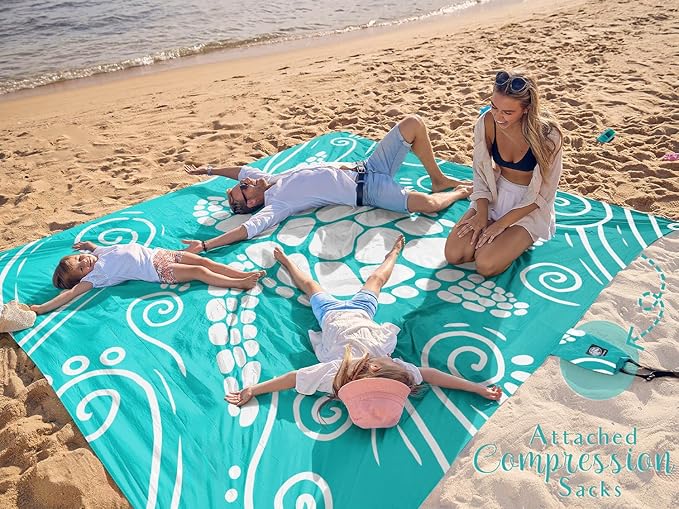 WEKAPO Beach Blanket Waterproof Sandproof Oversized Extra Large Sand Free Beach Mat with Stakes, Storage Bag - Essentials for Outdoor Beach, Picnic (Gradient Teal Sea Turtle, 11 X 9 FT (1~10 Person))