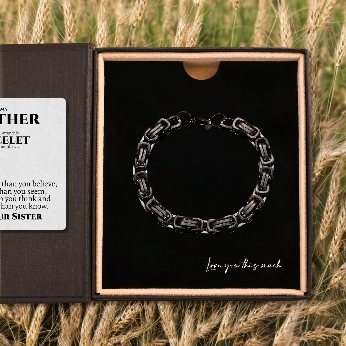 Love You This Much Sentimental To My Brother Bracelet, Unique Gift for Brother Birthday, Present for Big Bro Little Bro from Sister (Black-Black, Stainless Steel)