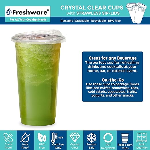 Freshware 24 oz Clear Disposable Plastic Cups with Strawless Sip Lids, 100 Pack Clear Plastic Tumblers, Heavy-duty Party Glasses, Disposable Cups for Thanksgiving, Halloween, Christmas Party