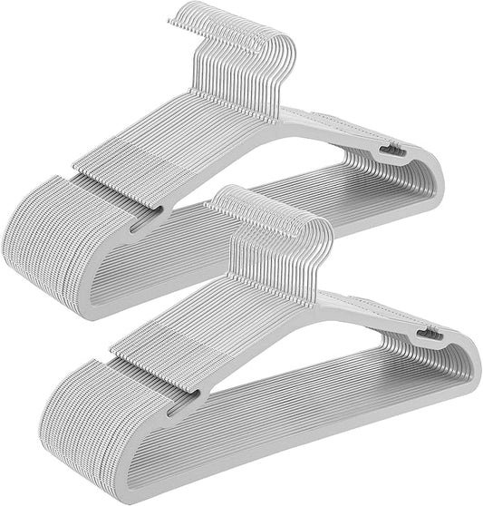SONGMICS Clothes Hangers 50 Pack, Heavy-Duty Plastic Hangers, Coat Hangers with Wide Shoulder Notches, Pant Bar, 360Â° Swivel Hook, Space-Saving, 16.4 Inches, for Closet, Gray UCRP060G01