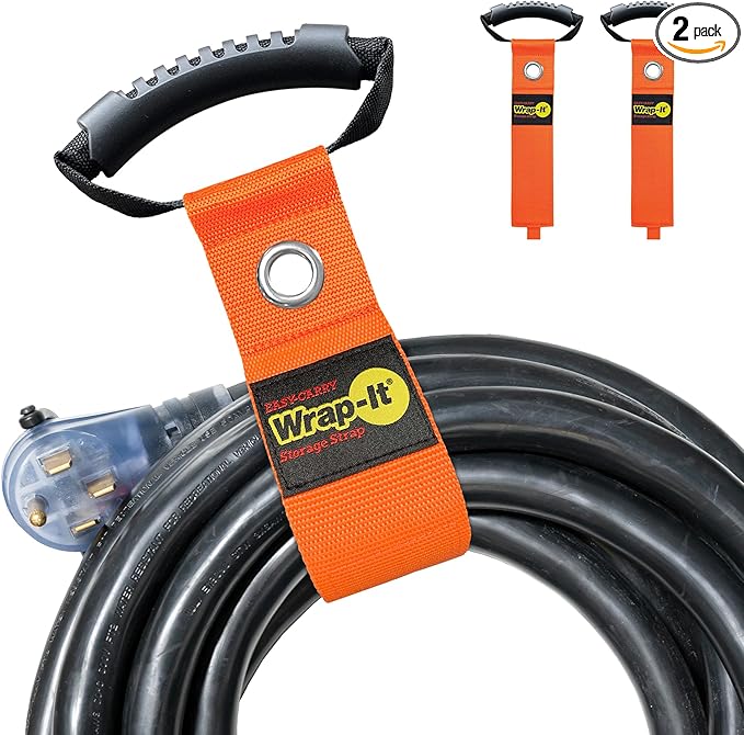 Easy-Carry Wrap-It Storage Straps - 22â (2-Pack) Blaze Orange with Grommet - Extension Cord Storage Holders and Carrying Straps for Garden Hose Storage