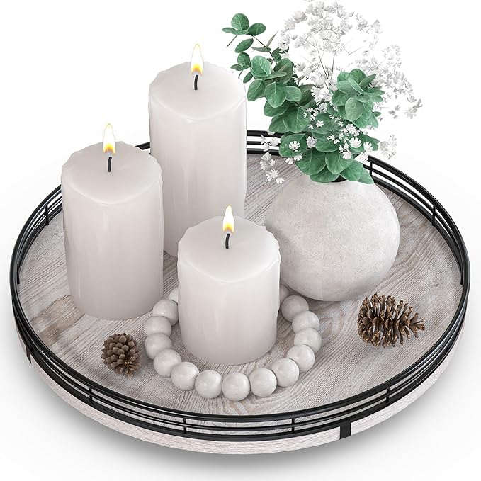 12" Farmhouse Lazy Susan for Kitchen & Coffee Table Decor â Rustic Whitewashed Wood Tray with Black Metal Frame, Decorative Centerpiece for Dining Room, Ottoman, Living Room, Serving or Vanity Use