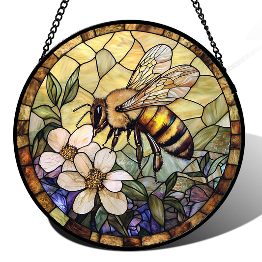 AMDERVEN Stained Glass Window Hanging, Vintage Bee Yellow Flower Sun Catcher for Window Door Home Decor Suncatcher Christmas Mother's Day Birthday Gifts for Women Men Mom and Nana 11.8 in