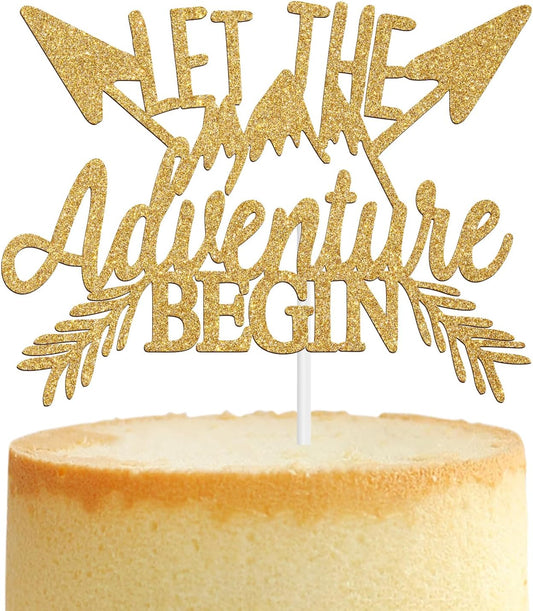 Let the Adventure Begin Cake Topper - 2026 Graduation Cake Decor - Going Away/Travel/Retirement/Baby Shower Party Decorations Supplies, Gold Glitter