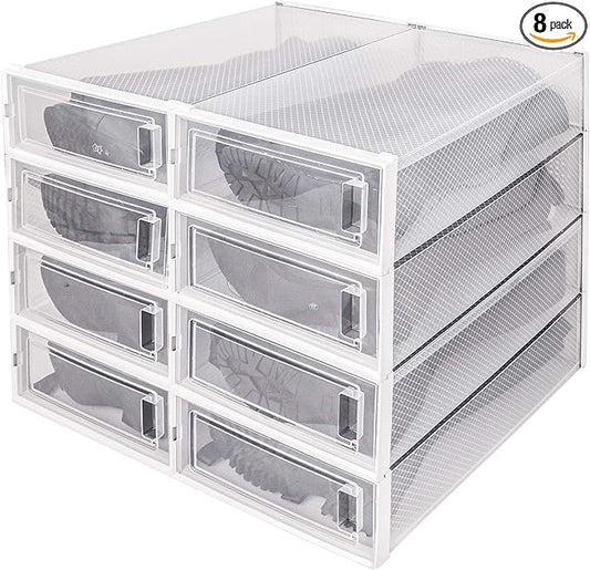 DHMAKER 8 Pack Boot Storage Box, Stackable Clear Plastic Boot Shoe Organizer for Tall Boots, Closet, Drop Front Boot Organizer, Large Shoe Container Boot Storage with Lid, 20.5" x 11.8" x 5.5"