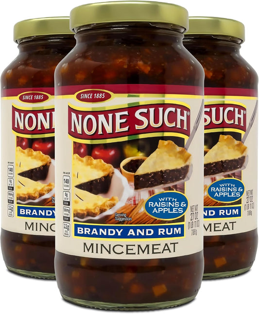 None Such Mincemeat Brandy & Rum – Classic Pie Filling with Apples, Raisins & Spices, 27 oz Glass Jar (Pack of 3), Holiday Baking Dessert Ingredient, Gluten-Free