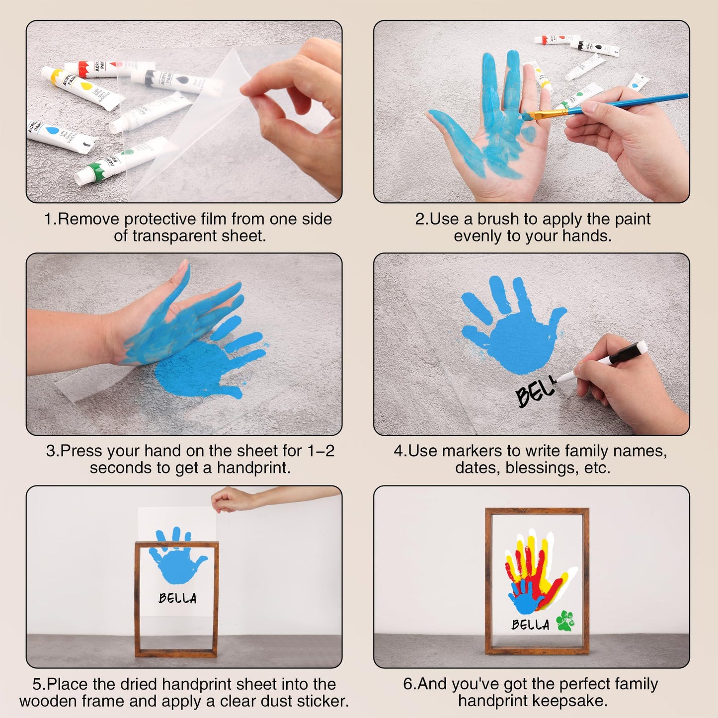 Omrhvi Family Handprint Kit, Hand Prints Keepsake Frame, DIY Craft Gift for New Parents & Mom & Baby, Grandparents, Mother's Day, Father's Day, Adoption Day, Anniversary, 6 Non -Toxic Paints (Brown)