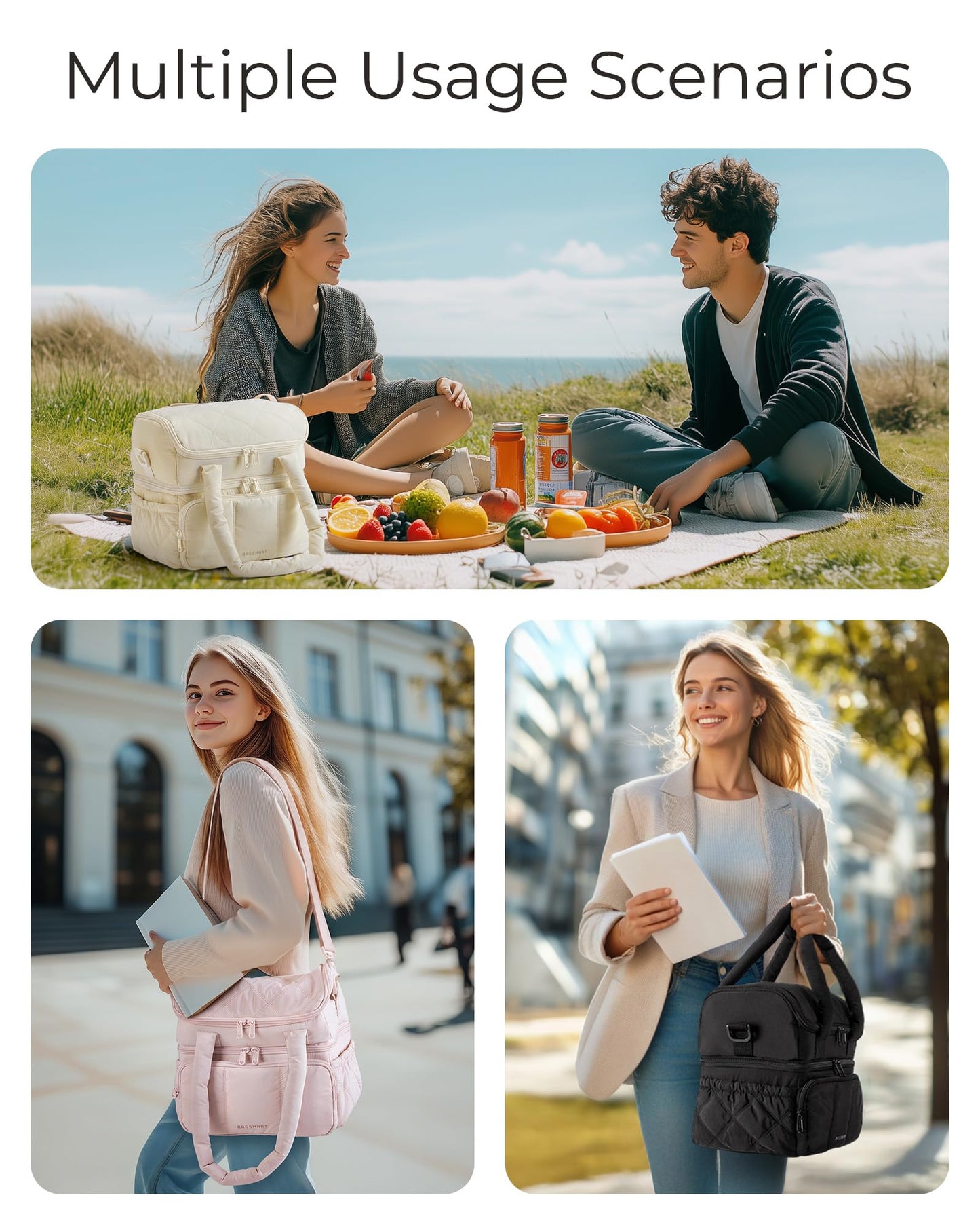 BAGSMART Lunch Bag Women, Double Deck Insulated Lunch Box, Quilted Puffer Lunch Tote, Leakproof, Durable & Reusable Large Lunch Cooler For Work Picnic Travel Meal Prep, Camel